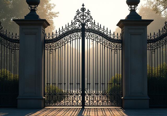 A grand, ornate iron gate with intricate scrollwork.
